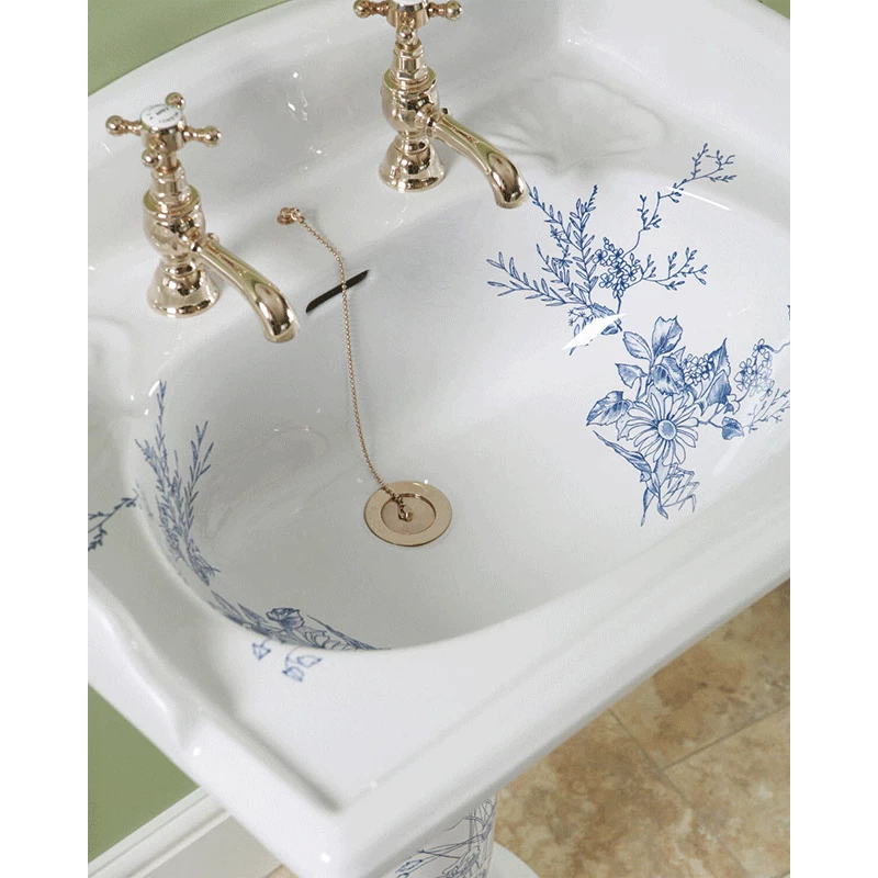 Old Fashioned Bathrooms - Victorian Blue Floral Large Basin And Pedestal 6 Old Fashioned Bathrooms - Victorian Blue Floral Large Basin And Pedestal - Image 4